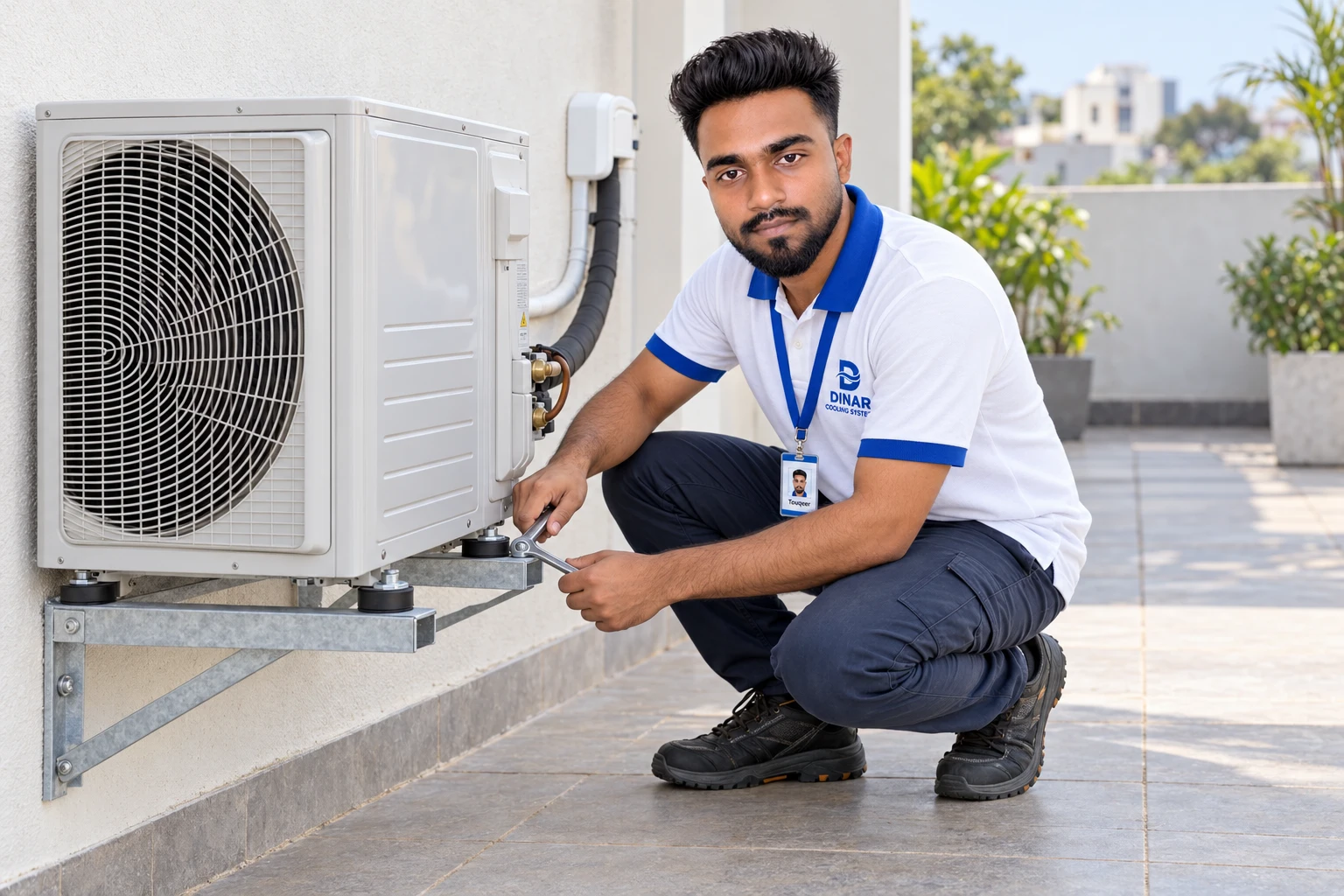 Touqeer fitting an outdoor air conditioning unit in his Dinar Cooling Systems uniform