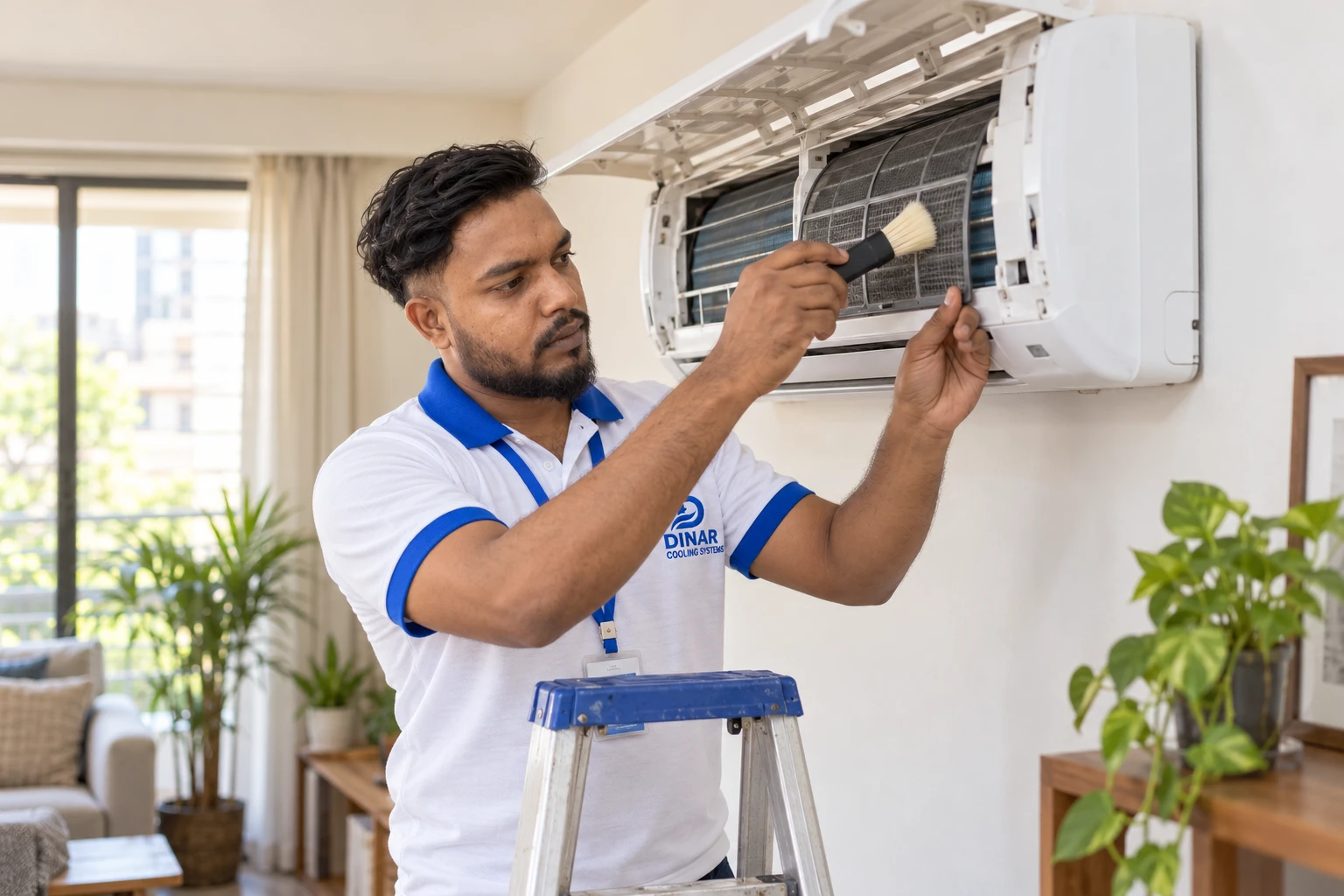 Hajath Hussain in his Dinar Cooling Systems uniform cleaning an open split air conditioner