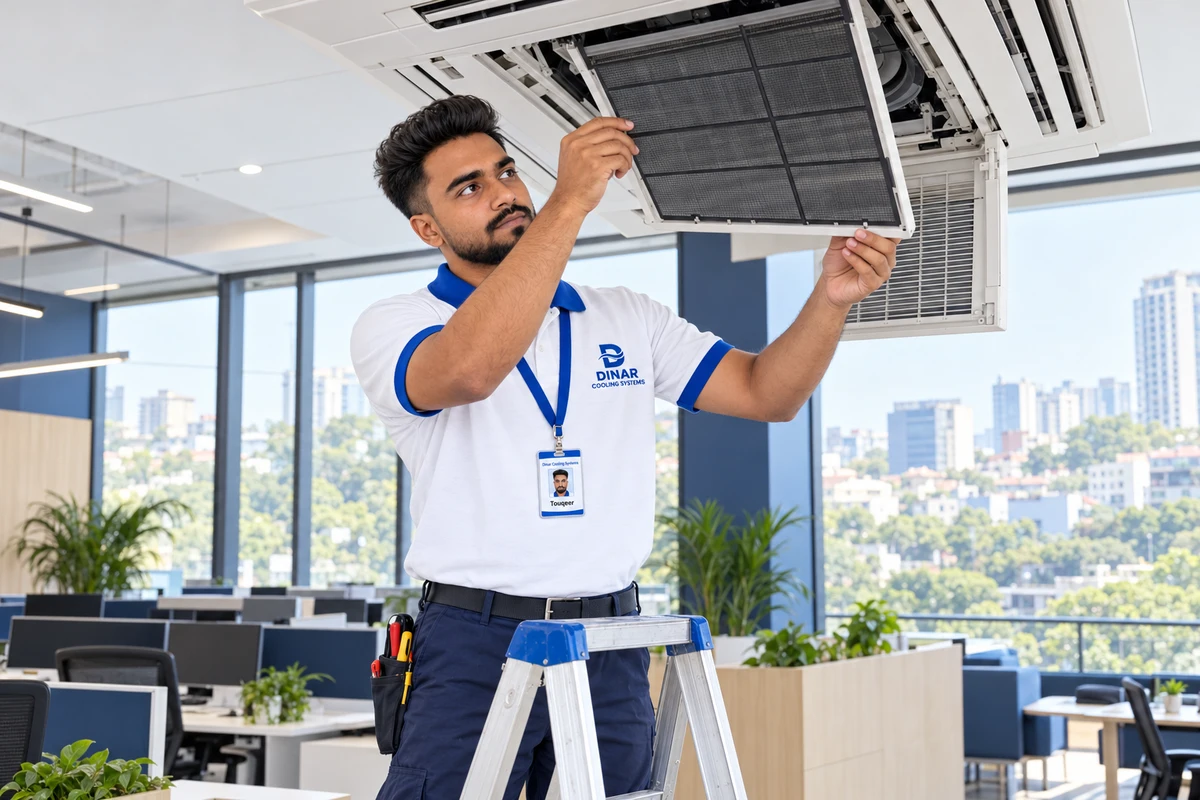 Touqeer from Dinar Cooling Systems servicing a ceiling cassette air conditioner in a bright modern workspace